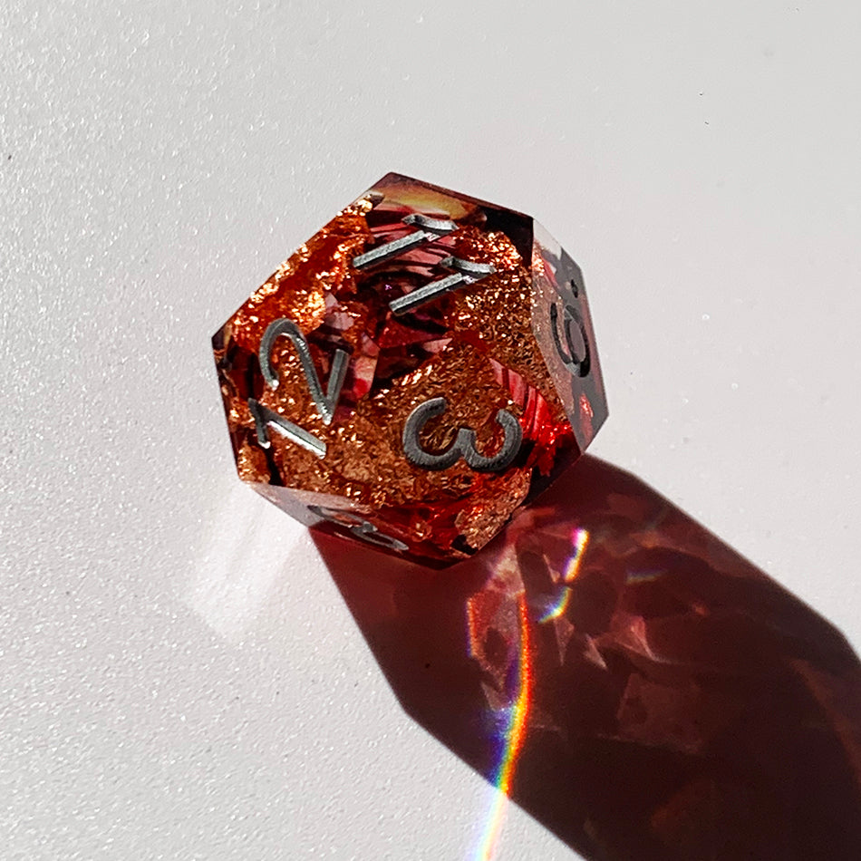 7pcs Handcrafted Sharp Edged Black Smoky Red Liquid Core Resin Dice Set