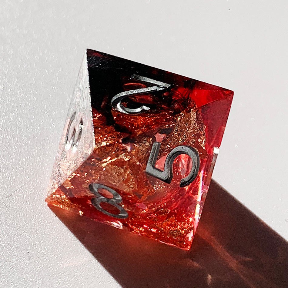 7pcs Handcrafted Sharp Edged Black Smoky Red Liquid Core Resin Dice Set