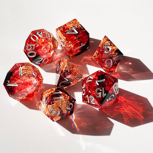 7pcs Handcrafted Sharp Edged Black Smoky Red Liquid Core Resin Dice Set