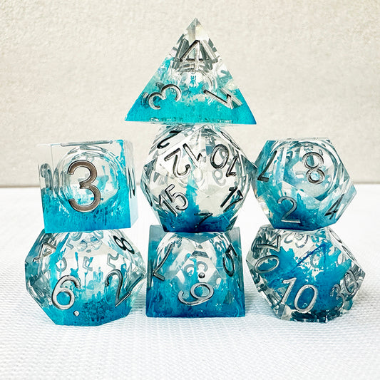 Dnd dice set liquid core for role playing games , Blue resin liquid core dice set