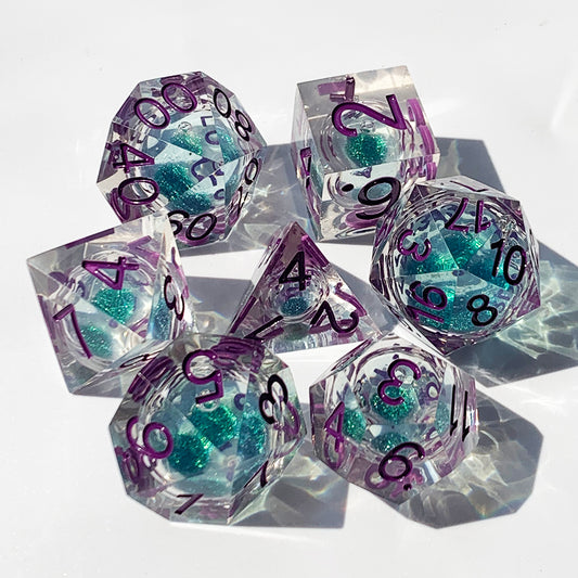 Green liquid core dnd dice with purple font for table games