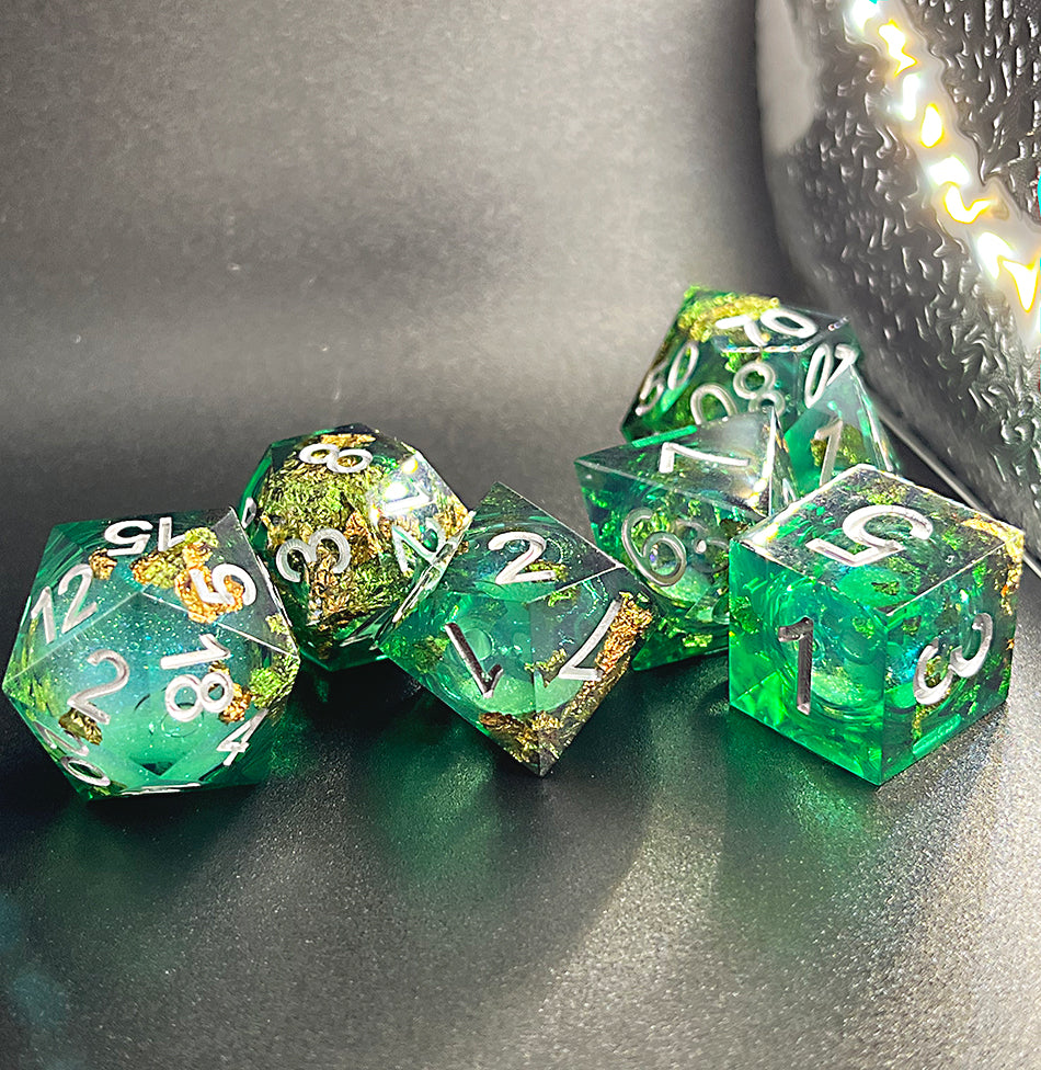 Green forest resin sharp edge dnd liquid core dice set