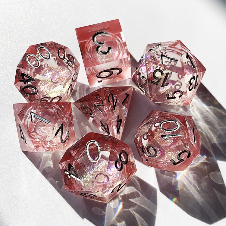 Pink romantic resin liquid core dnd dice set.