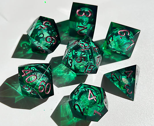 Handmade resin green liquid core dice set