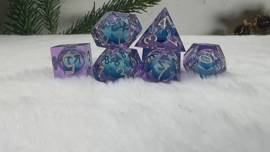 Blue liquid core dice set , Dungeons and dragons dice set , Glittering d&d dice set