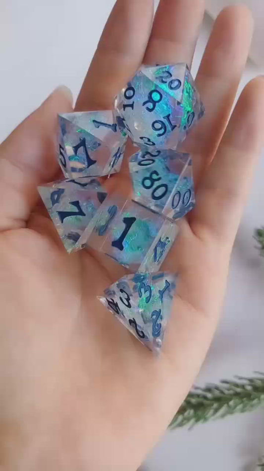 Handmade Transparent Dice with Glitter & Silver Blue Petal Dice