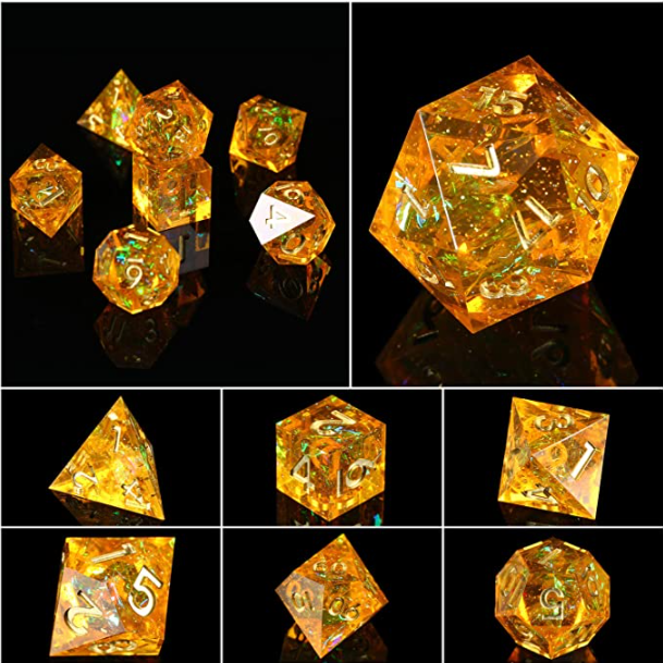 Handmade Dungeons and Dragons Dice, Sharp Edge Dice with Beautiful Inclusions (Citrine Color)