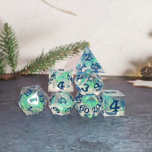 Handmade Transparent Dice with Glitter & Silver Blue Petal Dice