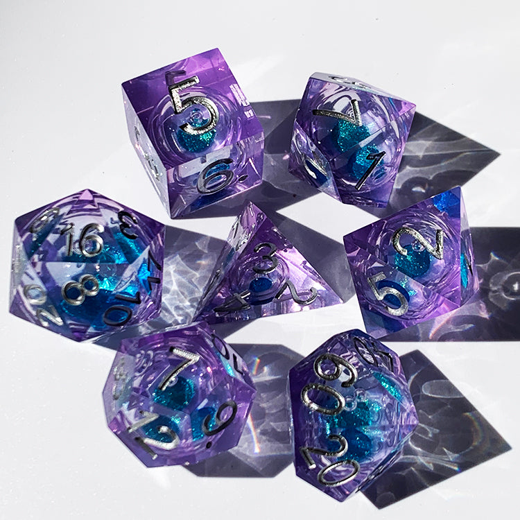 Blue liquid core dice set , Dungeons and dragons dice set , Glittering d&d dice set