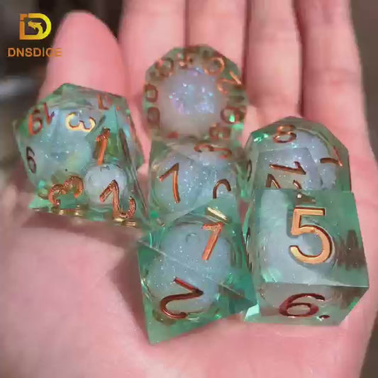 Full Set Handmade Resin Sharp Edge Dice Polyhedral Dice Set DnD Dice Set - Dungeons and Dragons DND Starry Liquid Heart