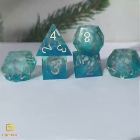 Dnd dice set liquid core for role playing games , Blue resin liquid core dice set