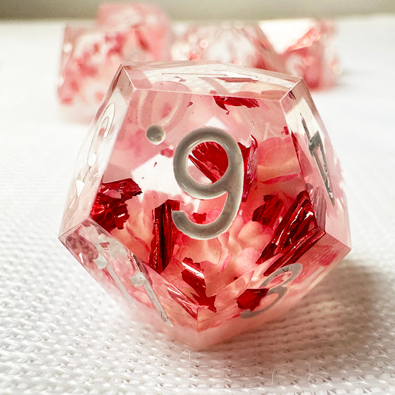 Handmade resin sharp edge flower inside dice set for dnd and rpg table games