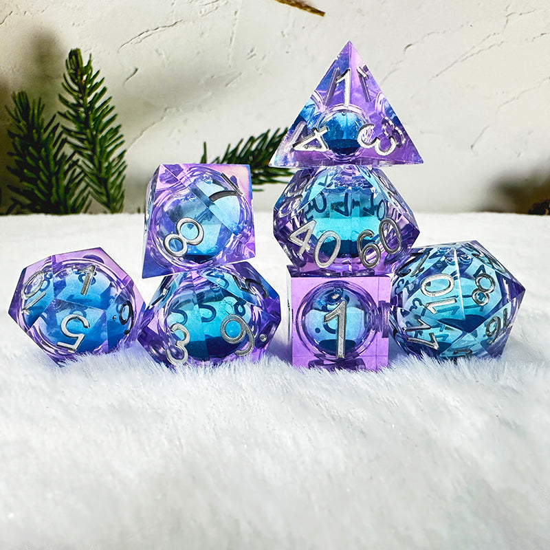 Blue liquid core dice set , Dungeons and dragons dice set , Glittering d&d dice set